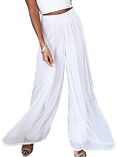Angashion Women’s Causal Wide Leg Pants-Elastic Waist Flowy Layered Dot Palazzo Pants, White