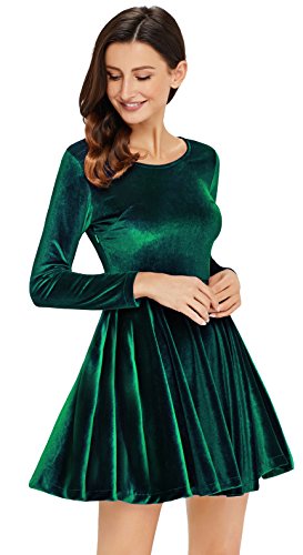 Annigo Green Velvet Dress Women Long Sleeve Pleated Dress,Dark Green,X ...