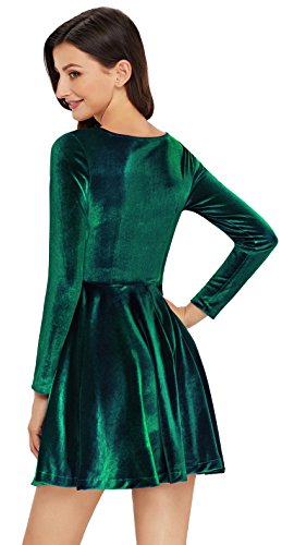 Annigo Green Velvet Dress Women Long Sleeve Pleated Dress,Dark Green,X ...